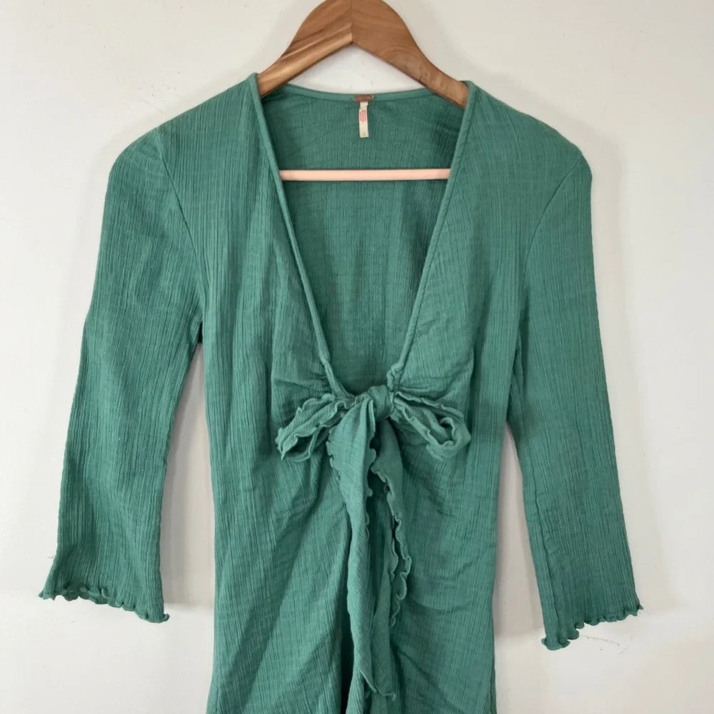 Free People Kianni Mini Dress‎ Tie Front Mermaid Green Womens Small Boho Beachy